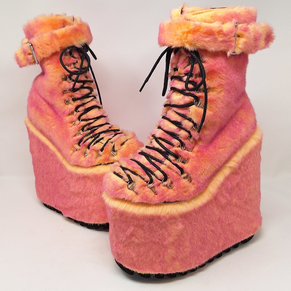 Dolls Kill Club Exx Traitor Platform Wedge Boots Neon Pink And Orange Fur
